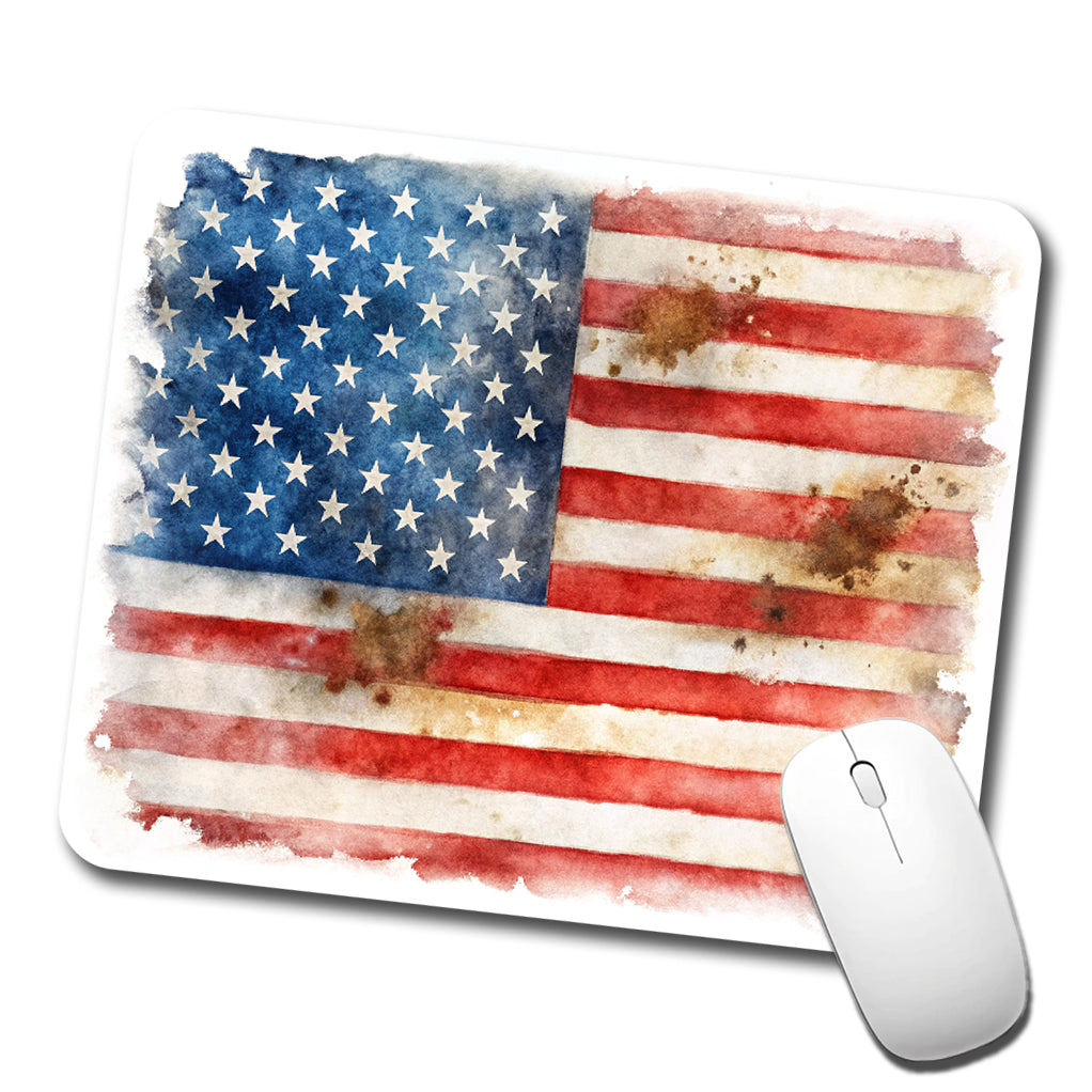 Patriotic Rustic Worn American Flag Watercolor Low Profile Mouse Pad Mat