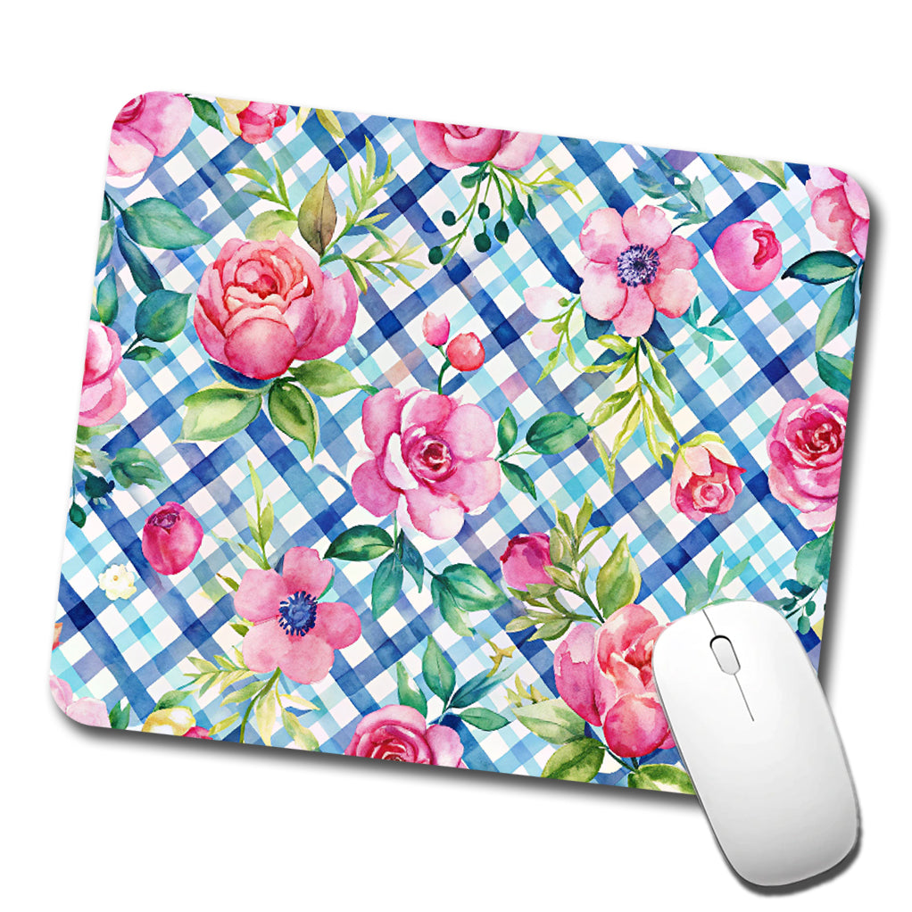 Preppy Pink Flowers Blue Gingham Plaid Low Profile Mouse Pad Mat