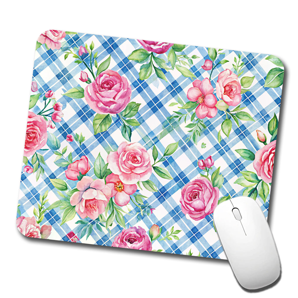 Pretty Pink Flowers Floral Blue Wallpaper Low Profile Mouse Pad Mat