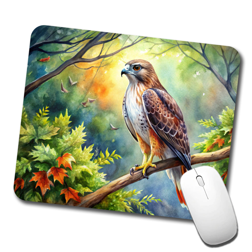 Red-tailed Hawk Raptor Bird Of Prey In Tree Watercolor Low Profile Mouse Pad Mat
