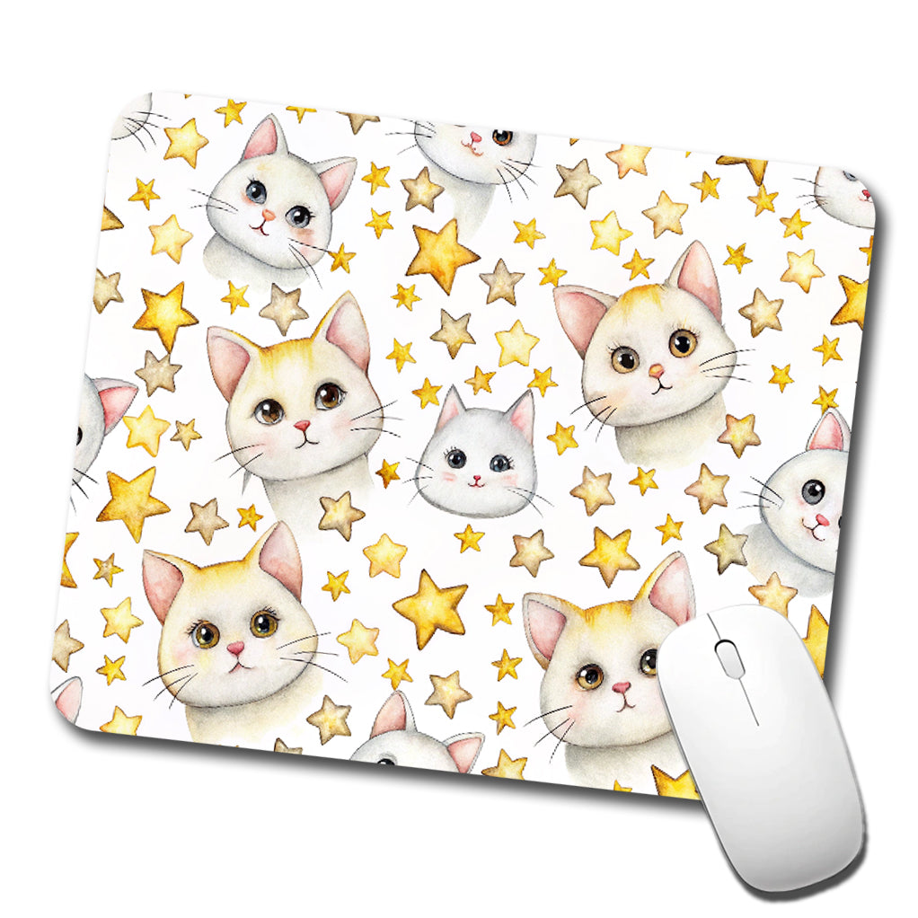 Sweet White Cats Yellow Stars Low Profile Mouse Pad Mat