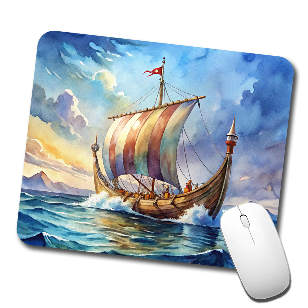 Viking Ship On The Ocean Watercolor Low Profile Mouse Pad Mat