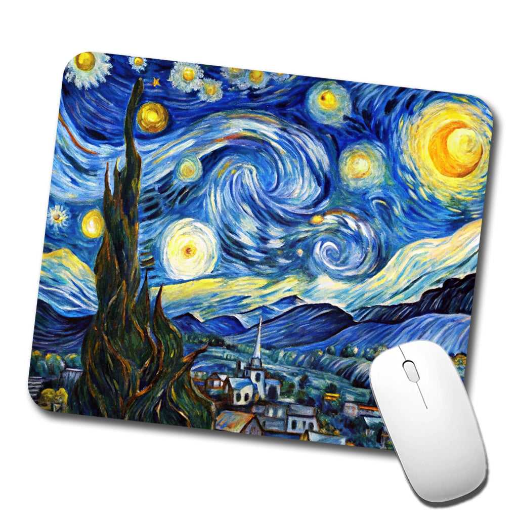 Watercolor Faux Van Gogh Starry Night Low Profile Mouse Pad Mat