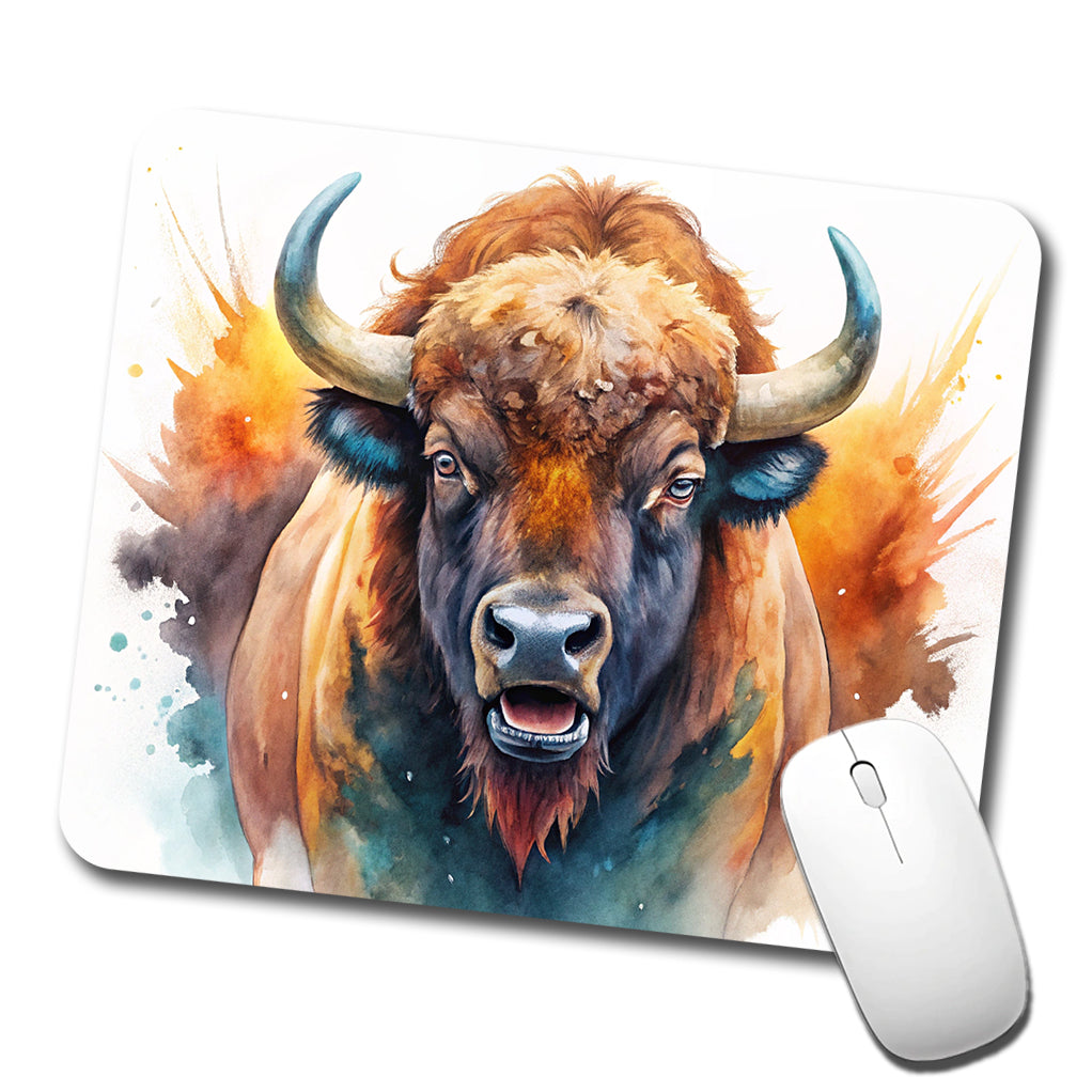 Angry American Bison Buffalo Watercolor Low Profile Mouse Pad Mat