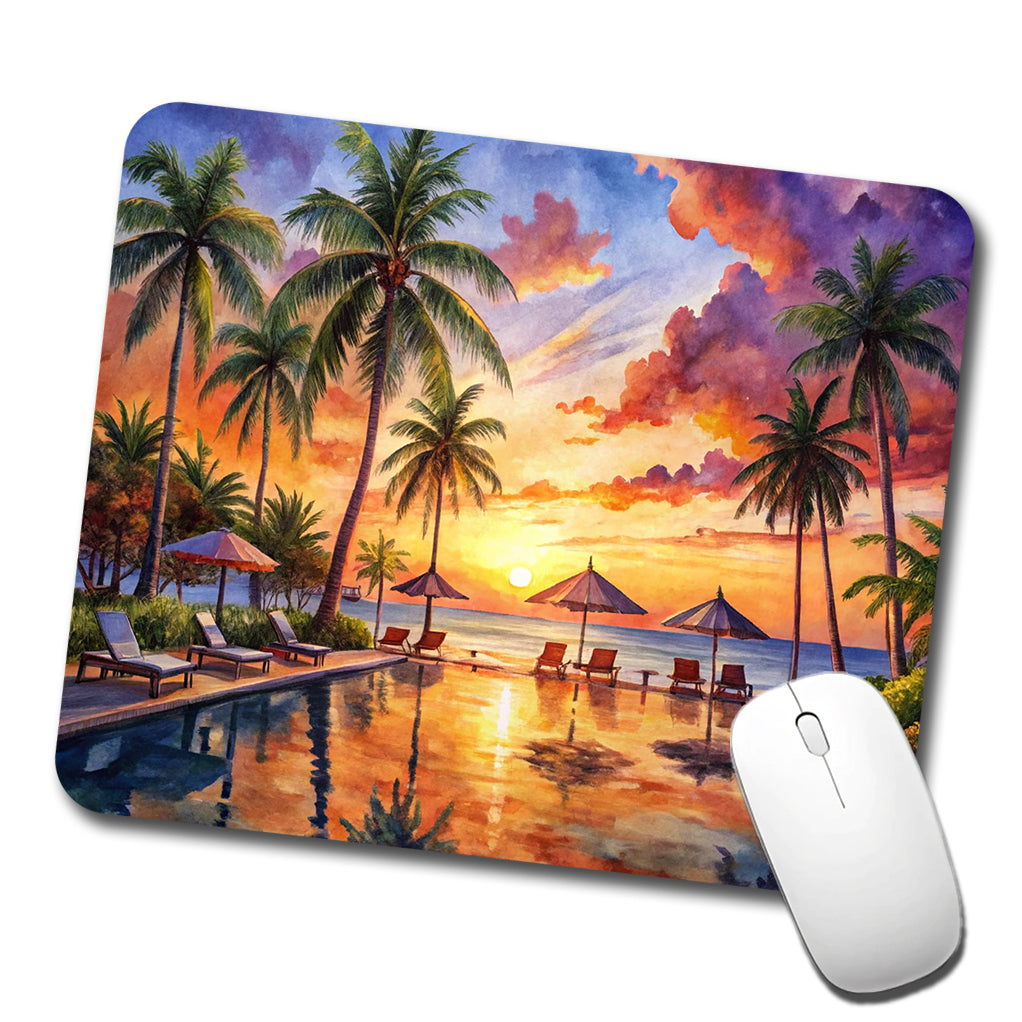 Beach Resort At Sunset Sunrise Tropical Watercolor Low Profile Mouse Pad Mat