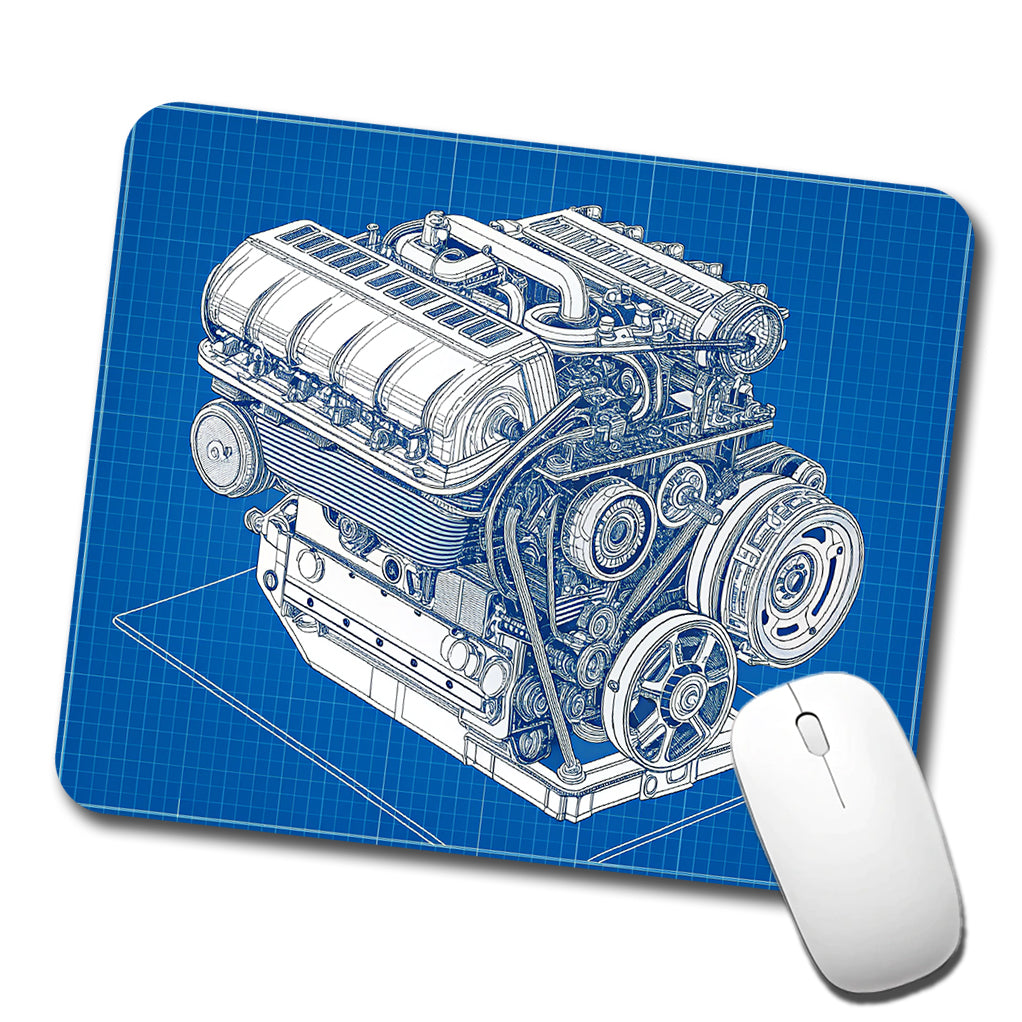 Blueprint Of Car Engine V8 Low Profile Mouse Pad Mat