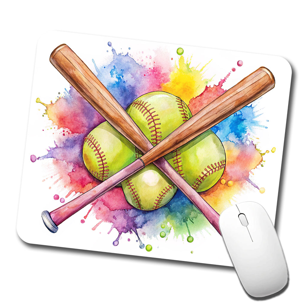 Crossed Softball Bats And Balls Watercolor Low Profile Mouse Pad Mat