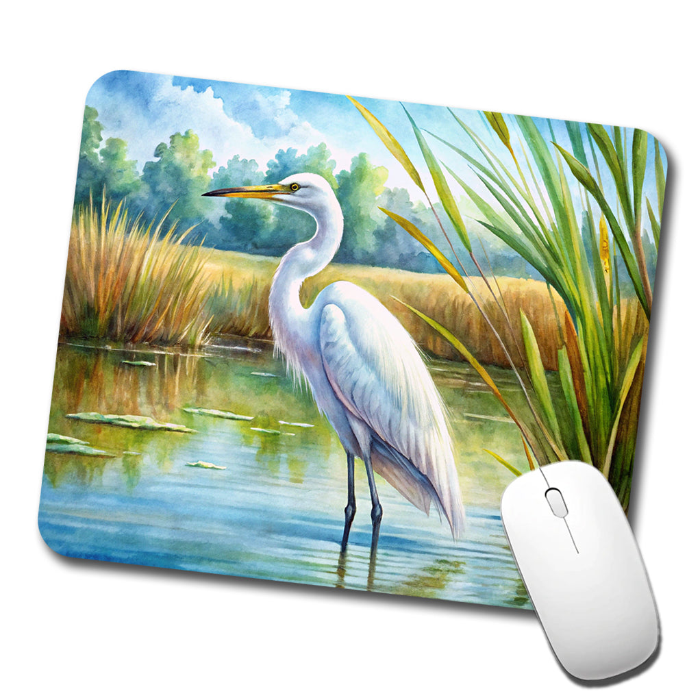 Egret Standing In Marshes Watercolor Low Profile Mouse Pad Mat