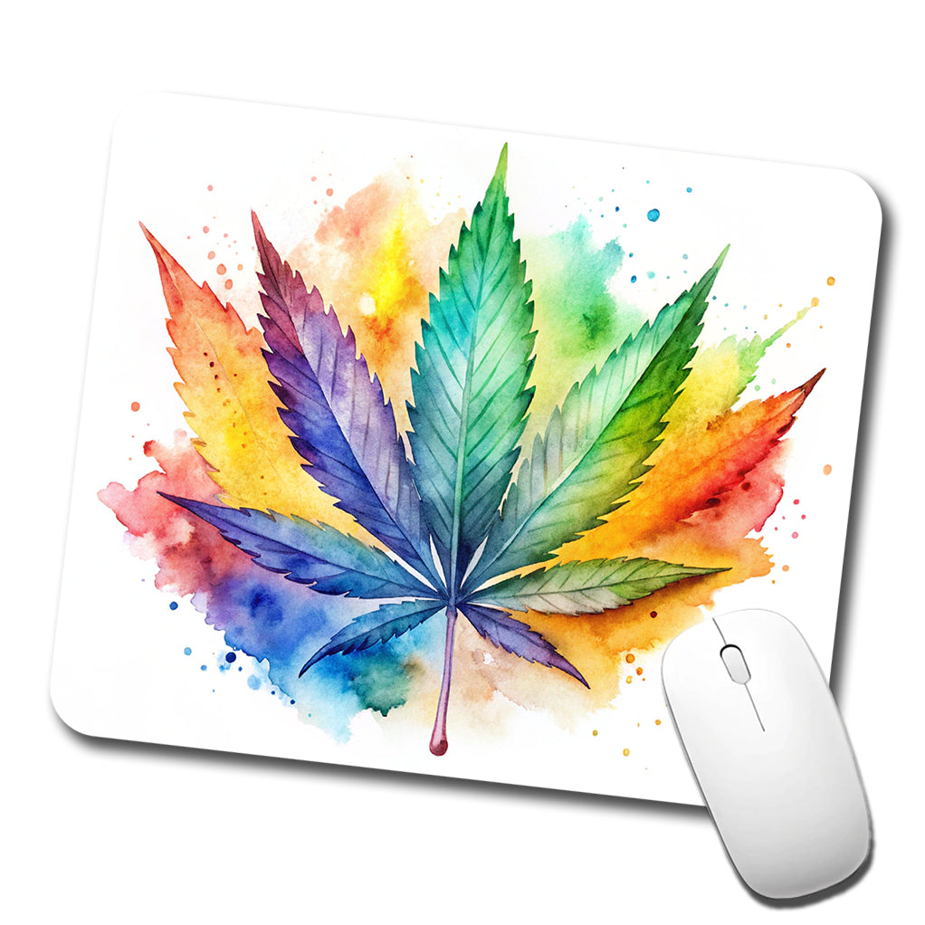 Marijuana Leaf Rainbow Watercolor Low Profile Mouse Pad Mat