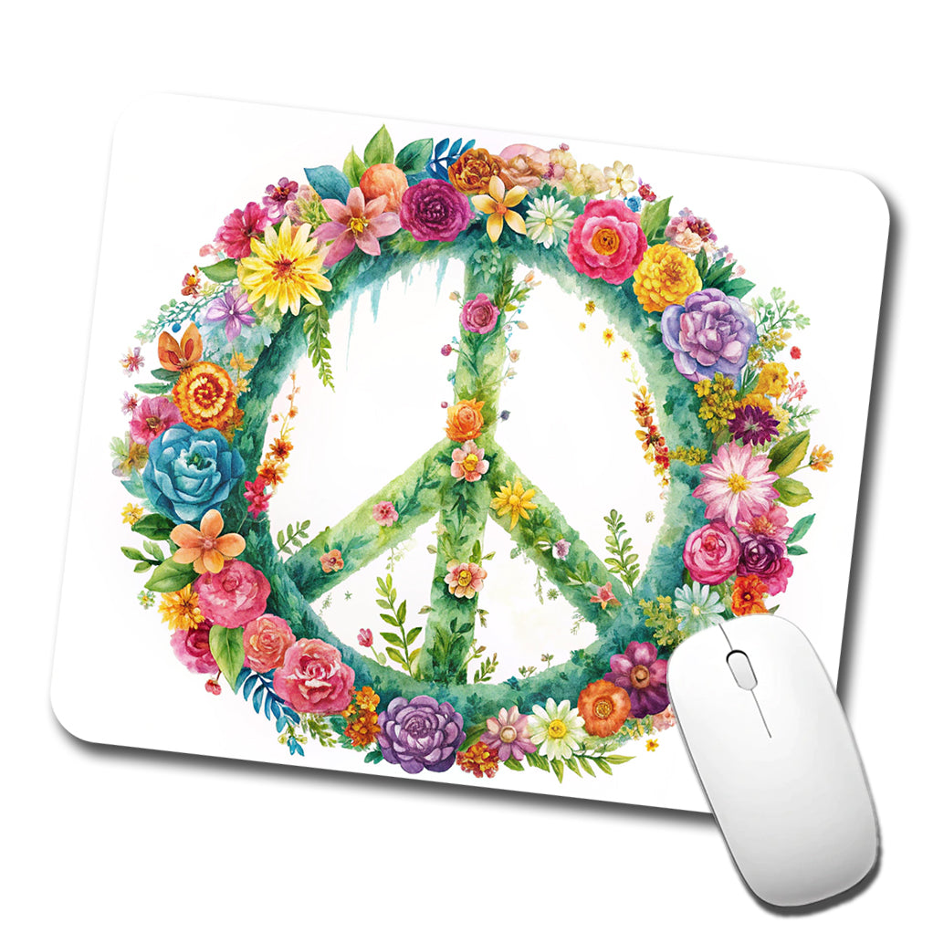 Peace Symbol Floral Watercolor Low Profile Mouse Pad Mat
