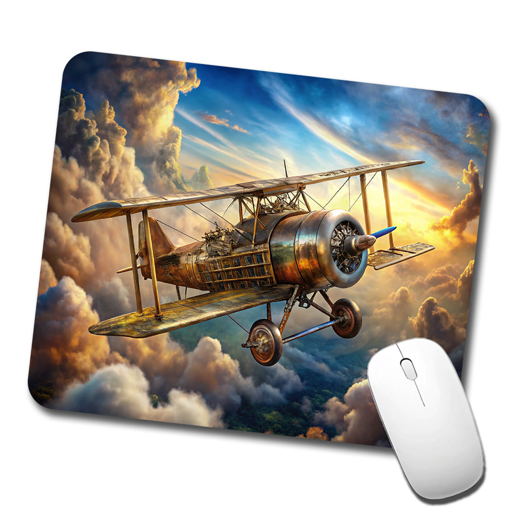 Steampunk Plane Airship in Cloudy Sky Fantasy Sci-fi Low Profile Mouse Pad Mat