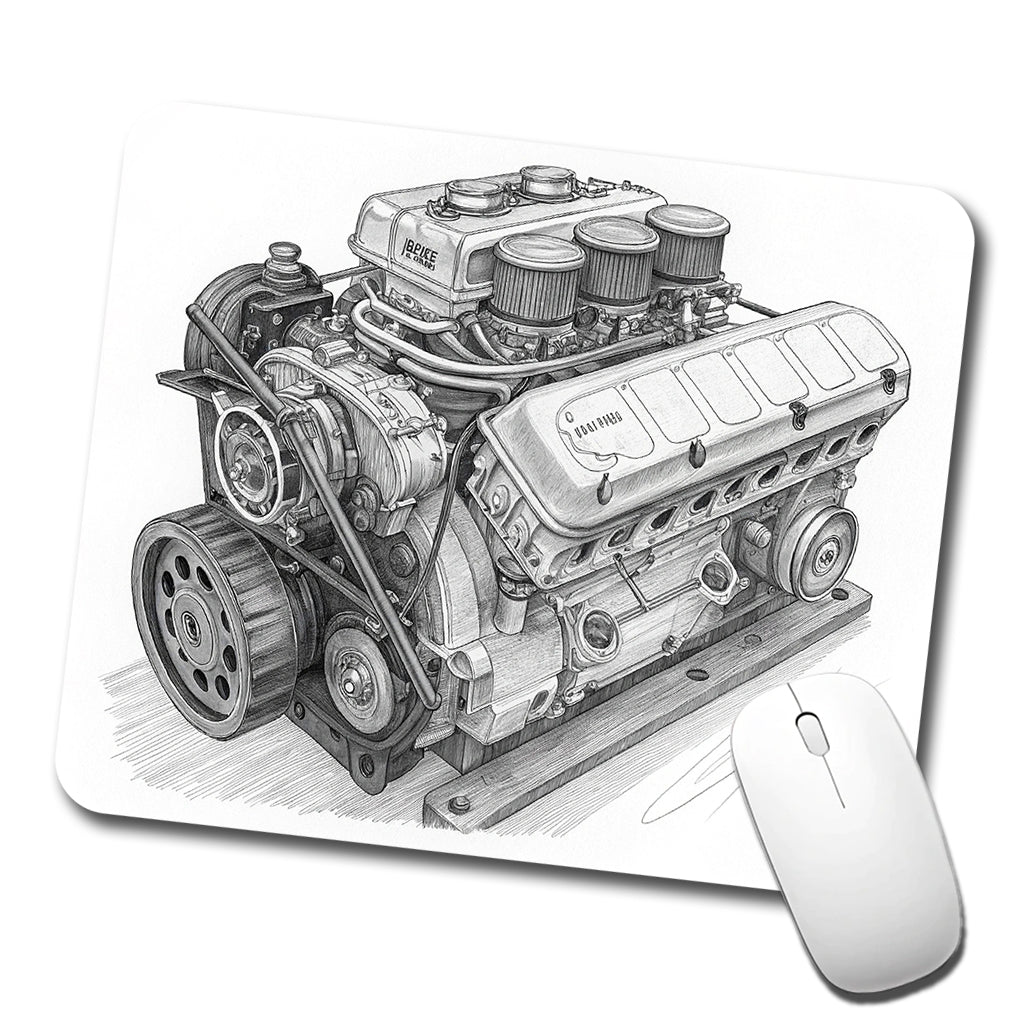 V8 Car Engine Sketch Low Profile Mouse Pad Mat