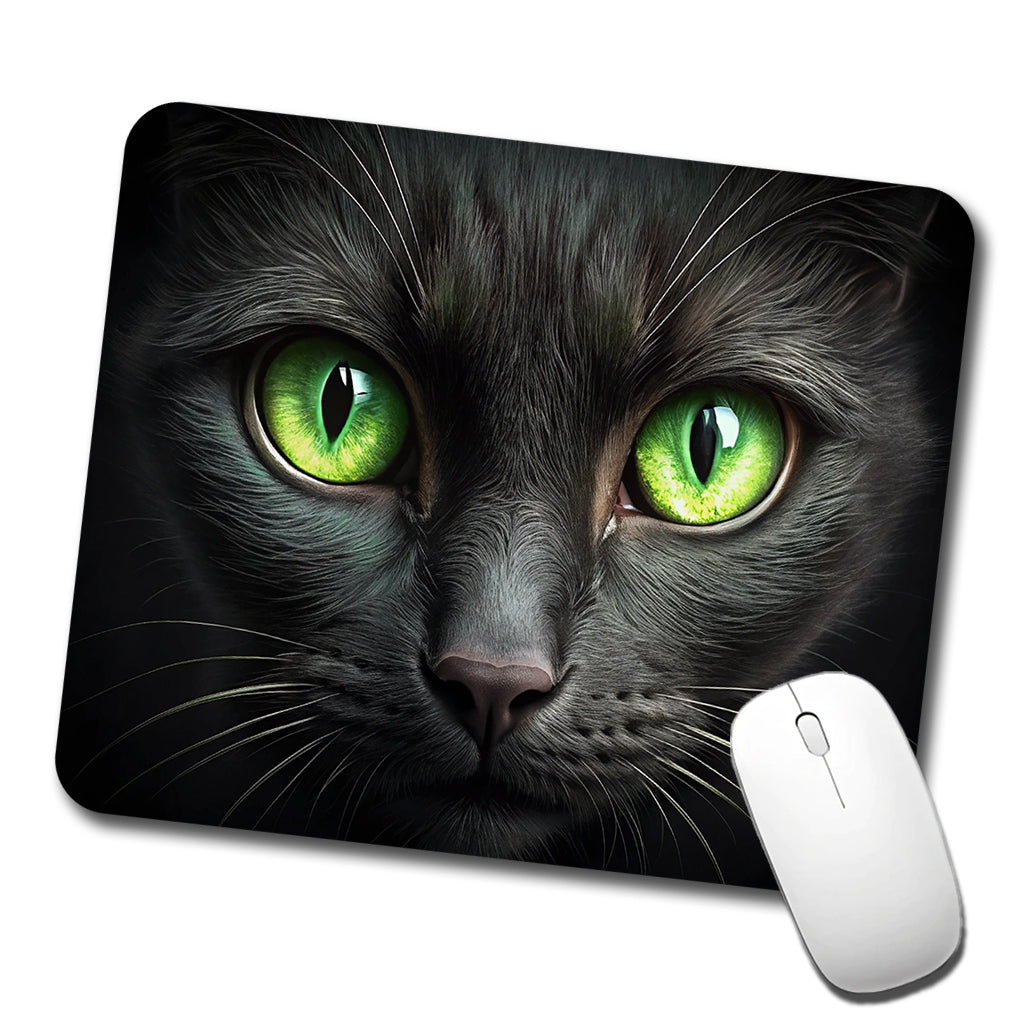Black Cat with Green Eyes Low Profile Mouse Pad Mat