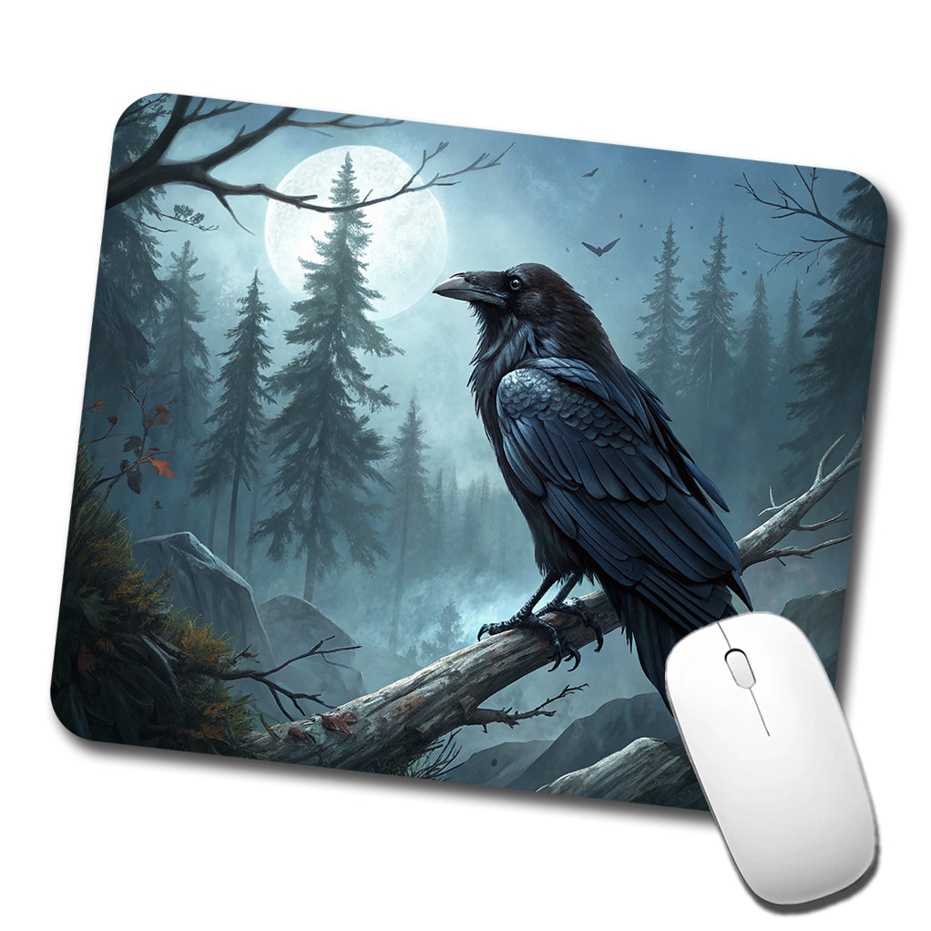 Black Raven at Night Under a Full Moon Low Profile Mouse Pad Mat