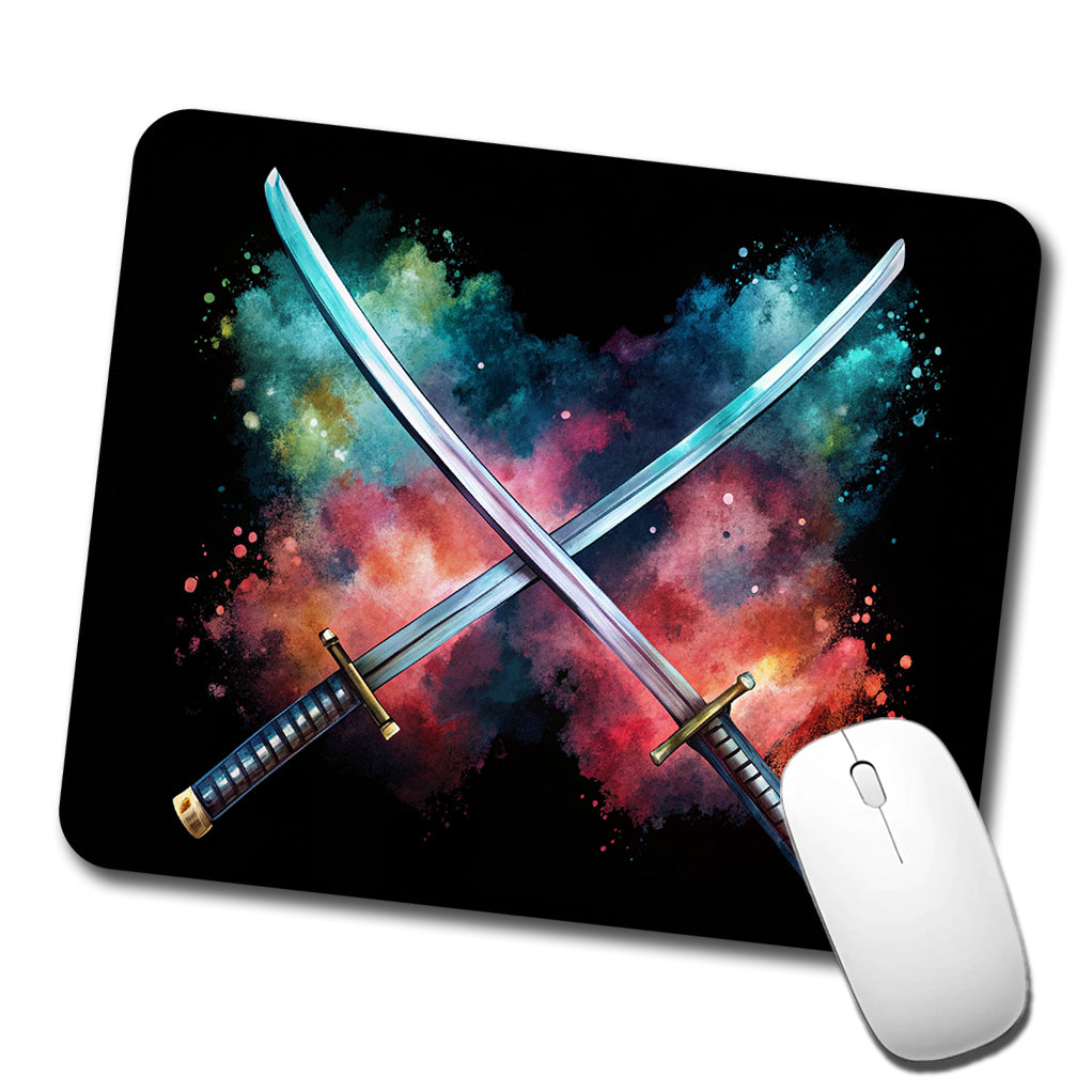 Crossed Katana Samurai Ninja Swords Black Watercolor Low Profile Mouse Pad Mat