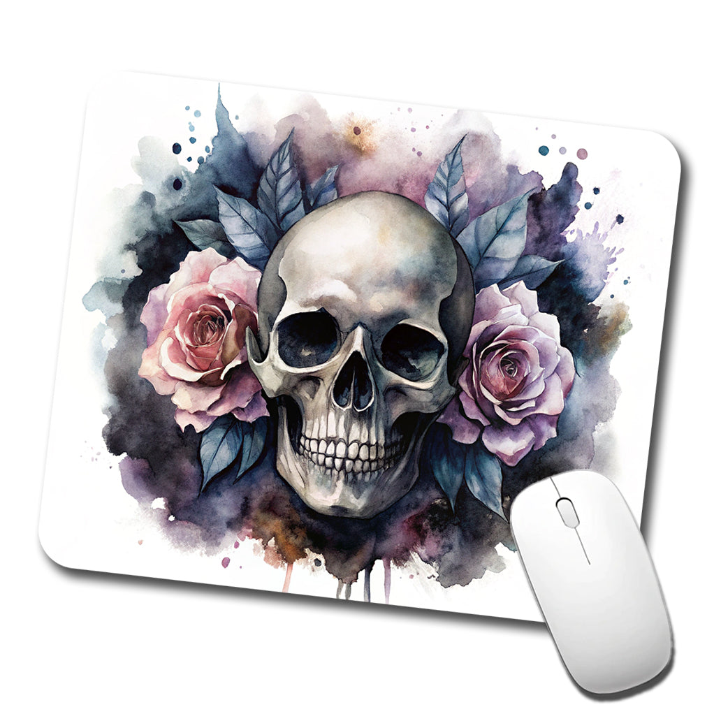 Death Skull Roses Black Watercolor Low Profile Mouse Pad Mat