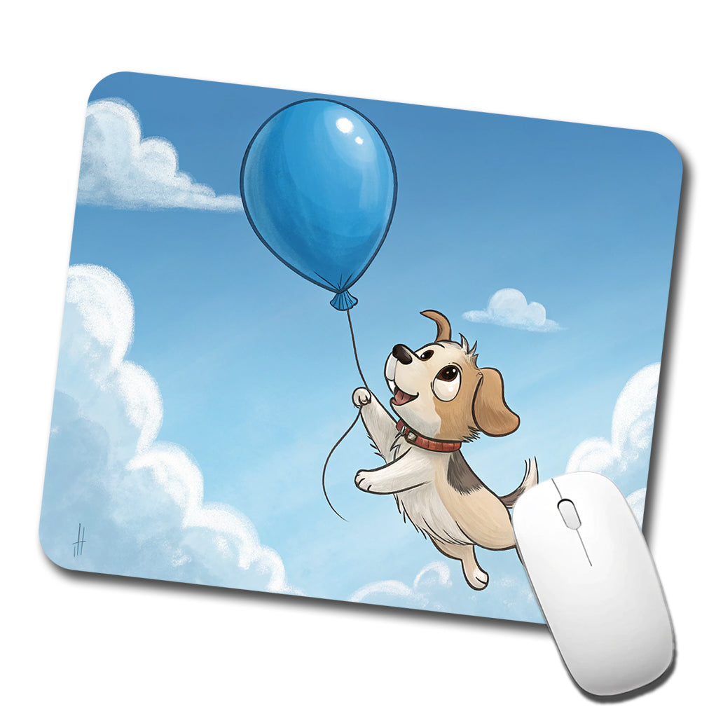 Dog Carried by Blue Balloon into the Sky Low Profile Mouse Pad Mat