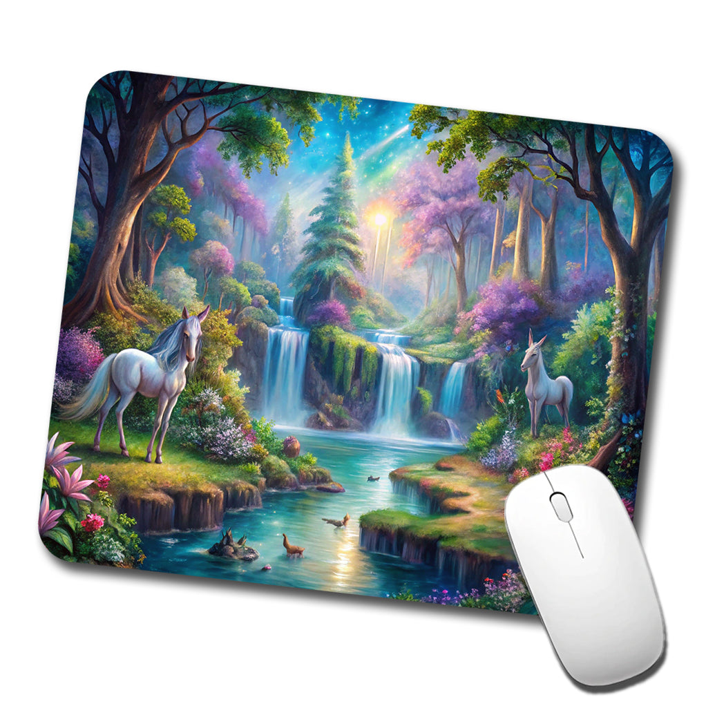 Fantasy Forest Waterfalls and White Horses Watercolor Low Profile Mouse Pad Mat