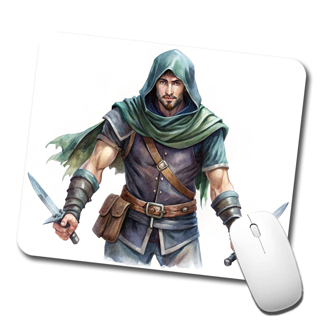 Fantasy Male Thief Rogue with Daggers Watercolor Low Profile Mouse Pad Mat
