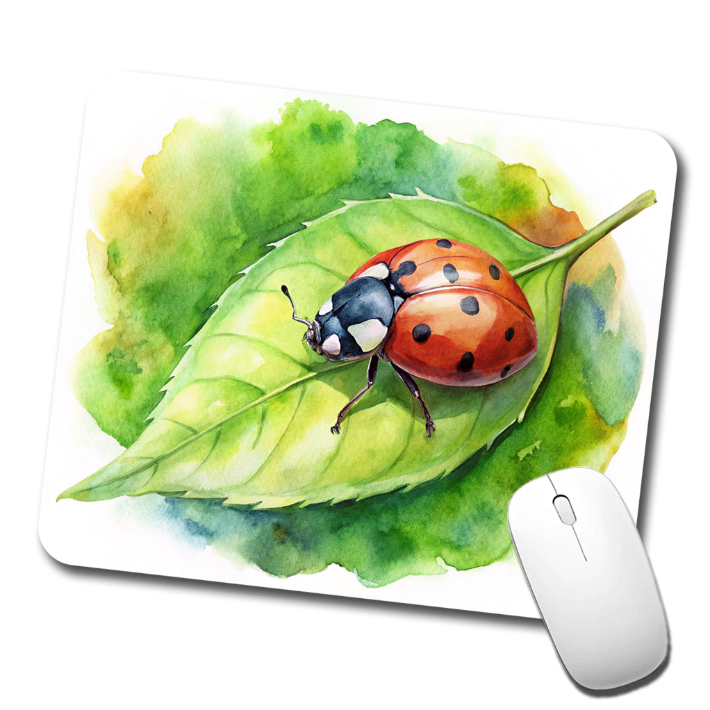 Ladybug On Leaf Watercolor Low Profile Mouse Pad Mat