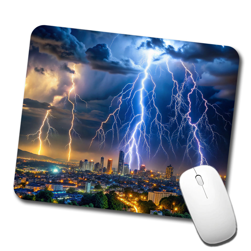 Lighting Strikes Over City At Night Low Profile Mouse Pad Mat