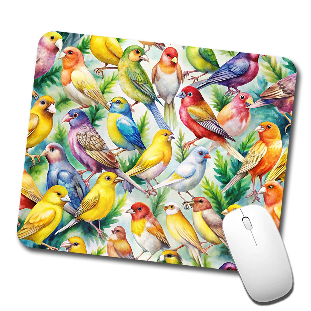 Many Colorful Canary Birds Watercolor Low Profile Mouse Pad Mat
