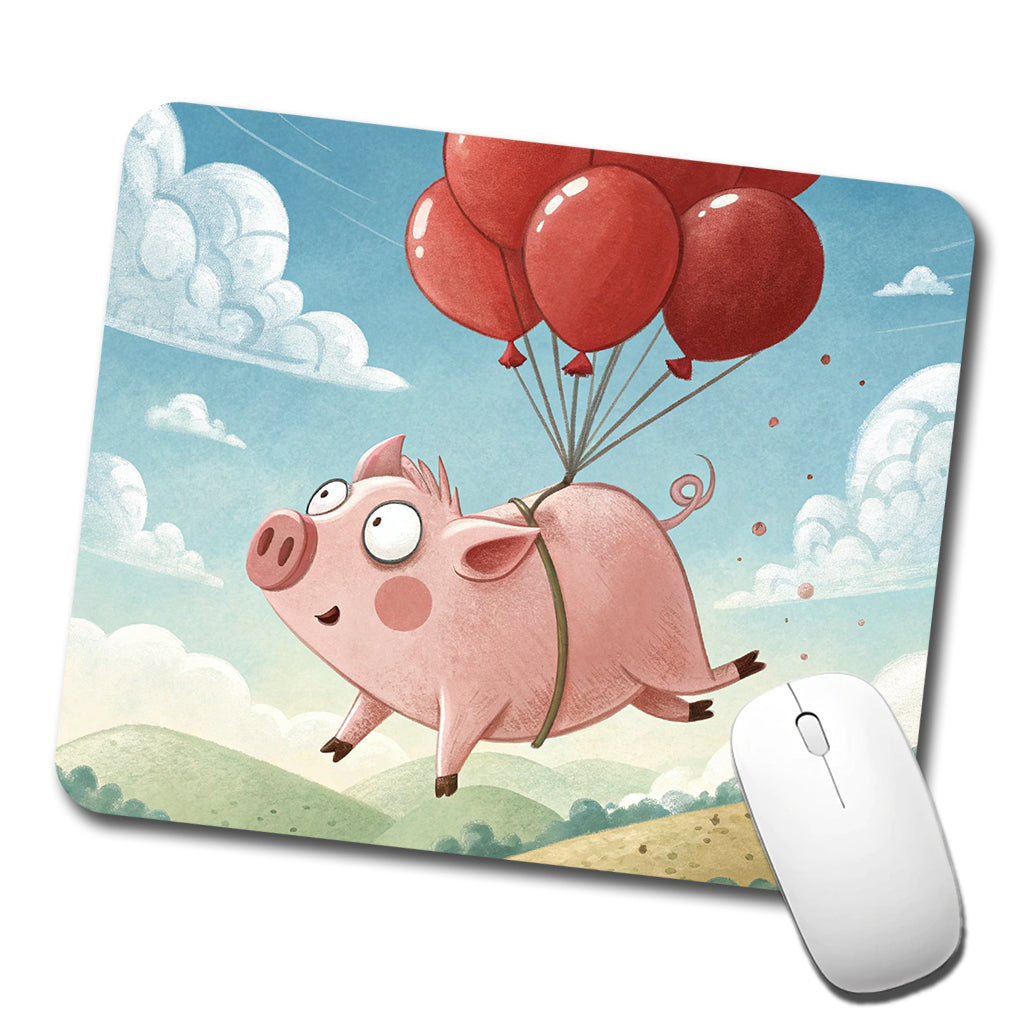 Pig Floating Through Sky Hanging From Red Balloons Low Profile Mouse Pad Mat