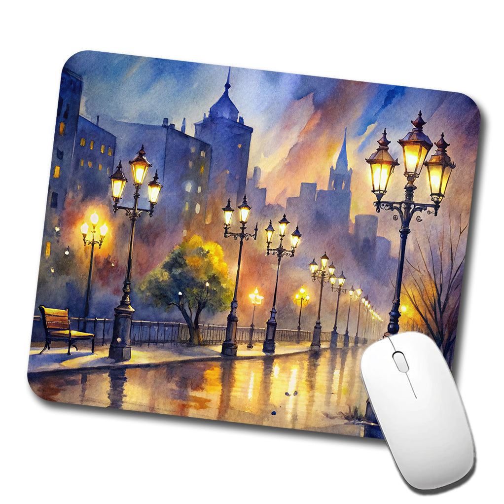 Raining In The City At Night Watercolor Low Profile Mouse Pad Mat