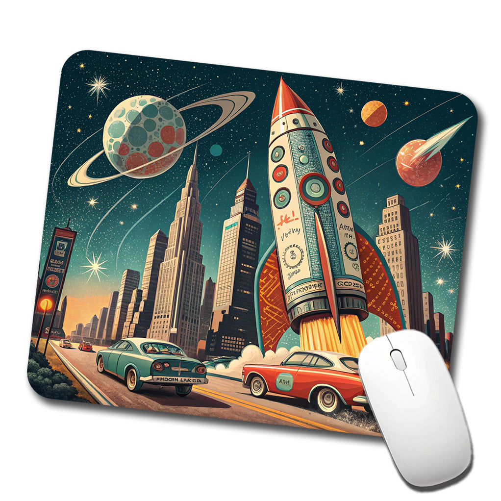 Retro Sci-fi 60's Poster Art Rocket Low Profile Mouse Pad Mat