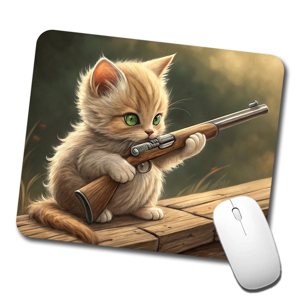 Small Cute Fuzzy Cat Kitten with a Shotgun Funny Low Profile Mouse Pad Mat