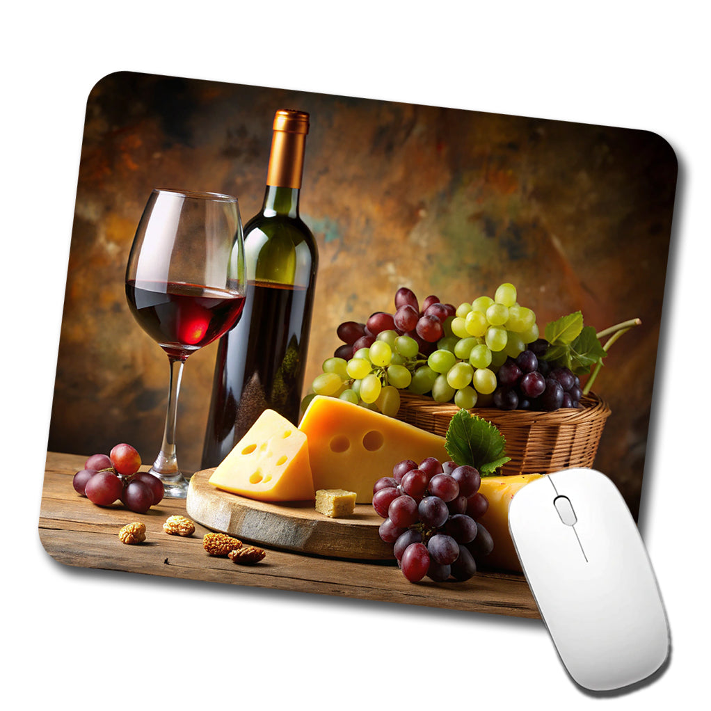 Wine Cheese Grapes Rustic Setting Low Profile Mouse Pad Mat