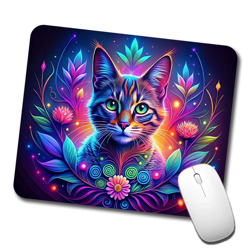 Abstract Neon Cat And Floral Design Low Profile Mouse Pad Mat