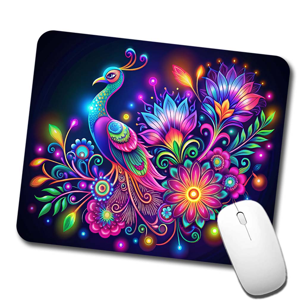 Abstract Neon Peacock Floral Design Low Profile Mouse Pad Mat