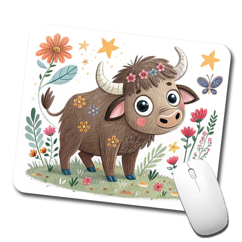 Bison Buffalo Children's Illustration Style Low Profile Mouse Pad Mat