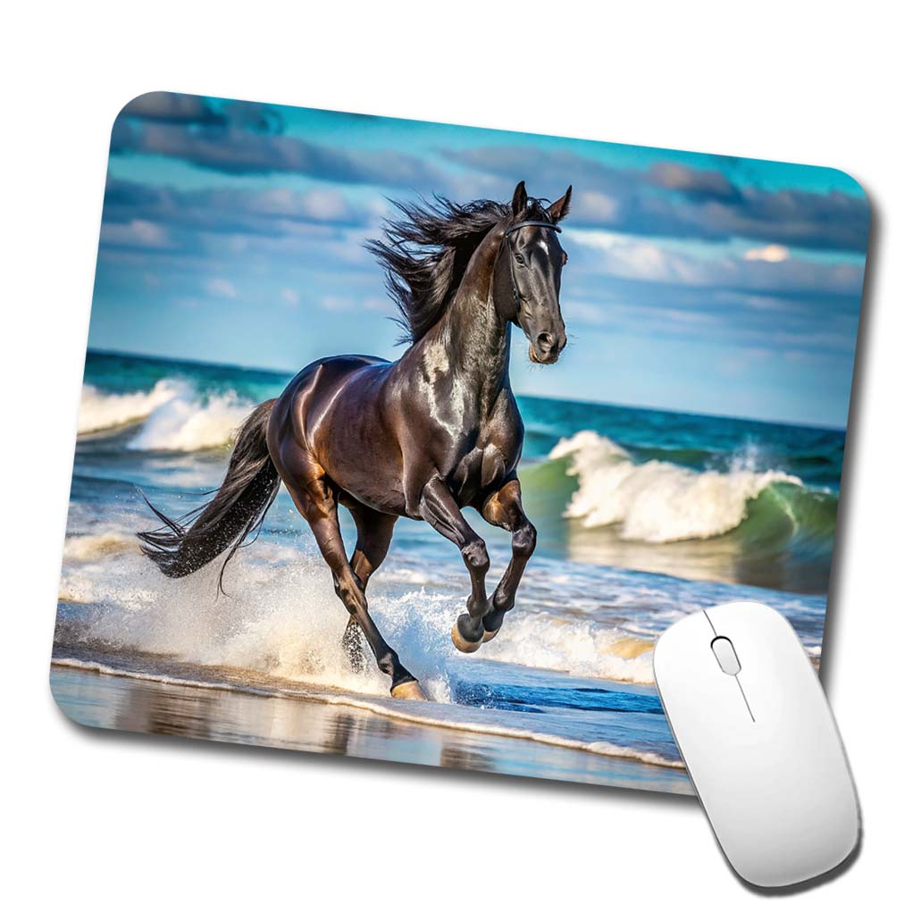 Black Horse Stallion Galloping On The Beach Low Profile Mouse Pad Mat