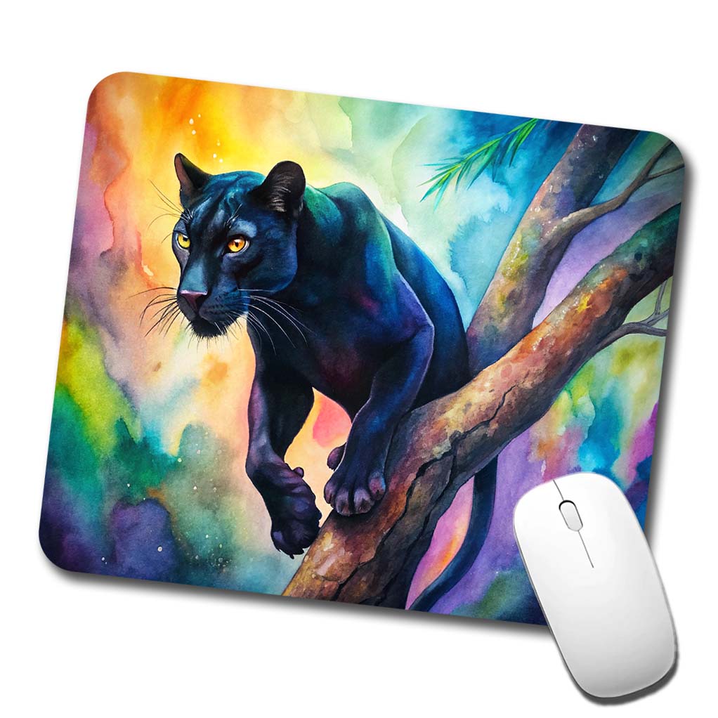 Black Panther In Tree Watercolor Low Profile Mouse Pad Mat