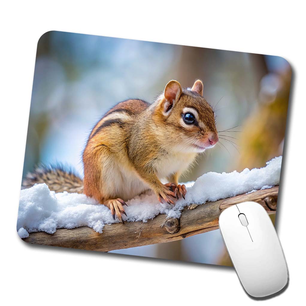 Chipmunk On Branch In Winter Low Profile Mouse Pad Mat