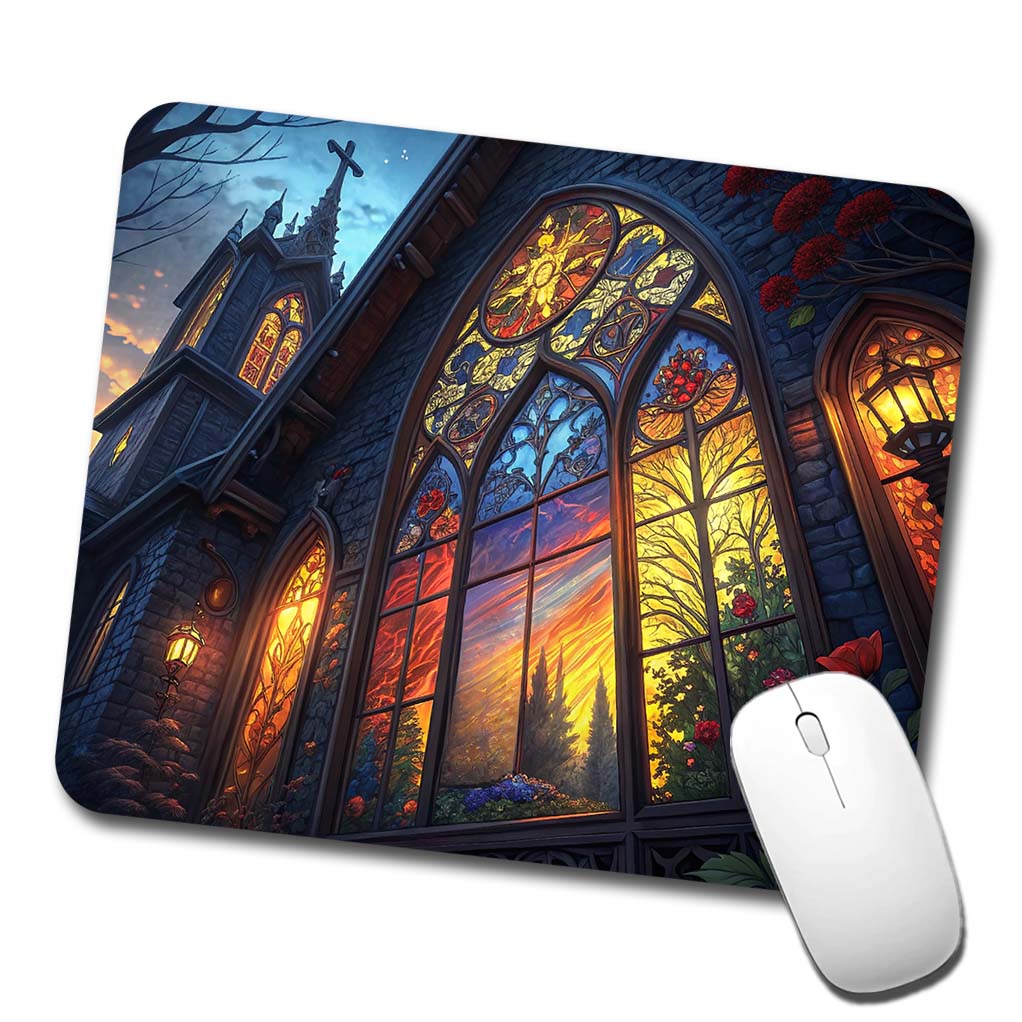 Church Stained Glass Windows at Night Low Profile Mouse Pad Mat