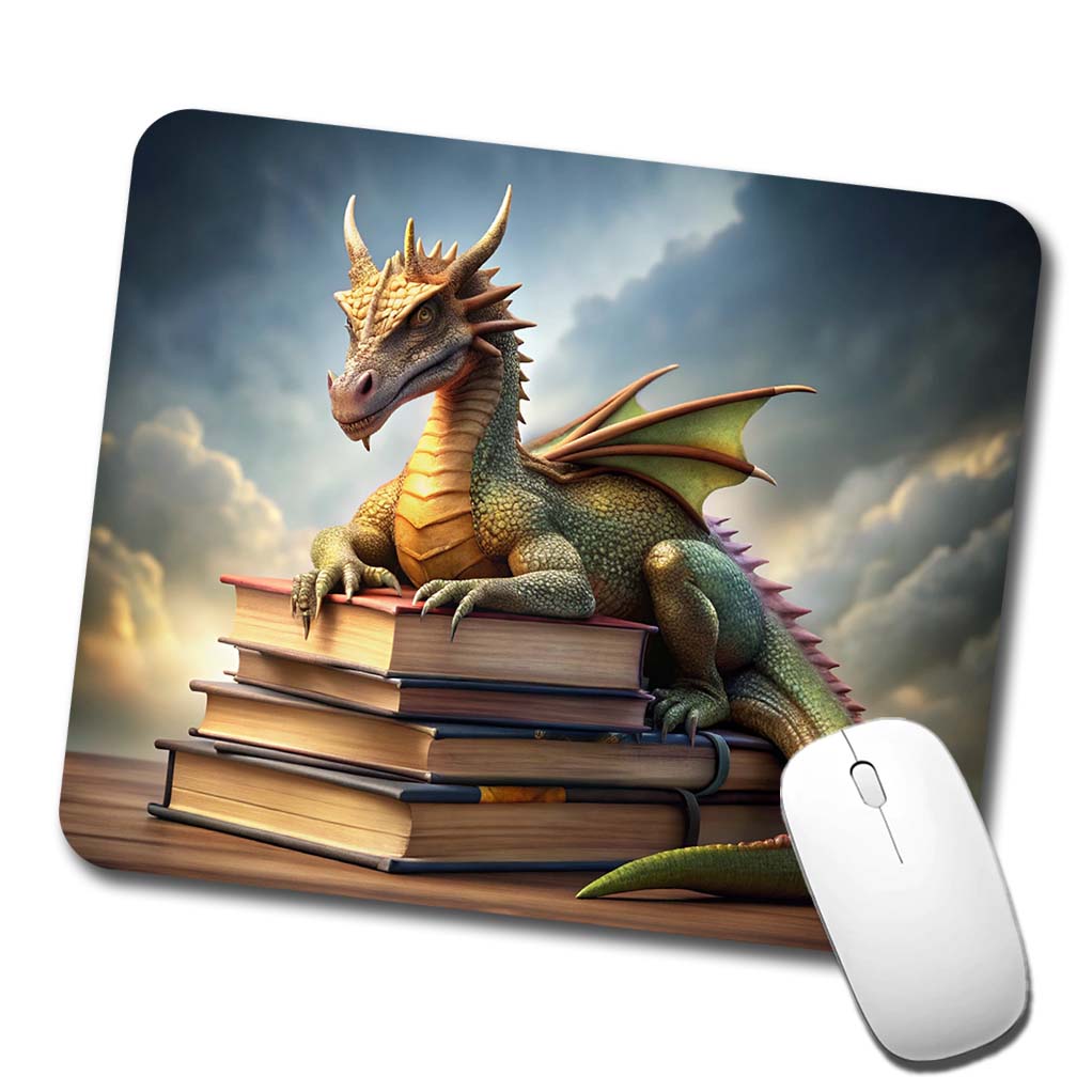 Dragon Laying On Top Of Books Reading Low Profile Mouse Pad Mat