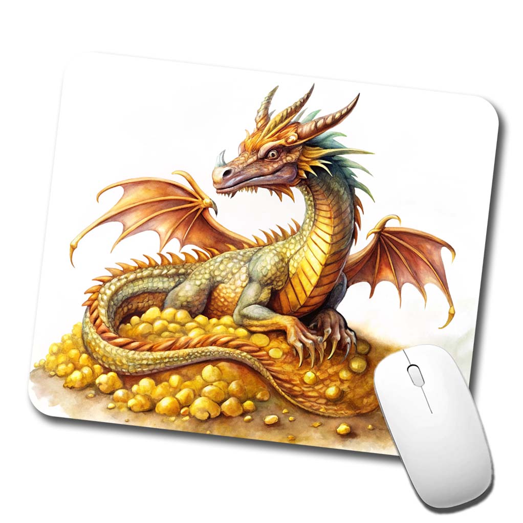 Fantasy Dragon and Gold Horde Watercolor Low Profile Mouse Pad Mat