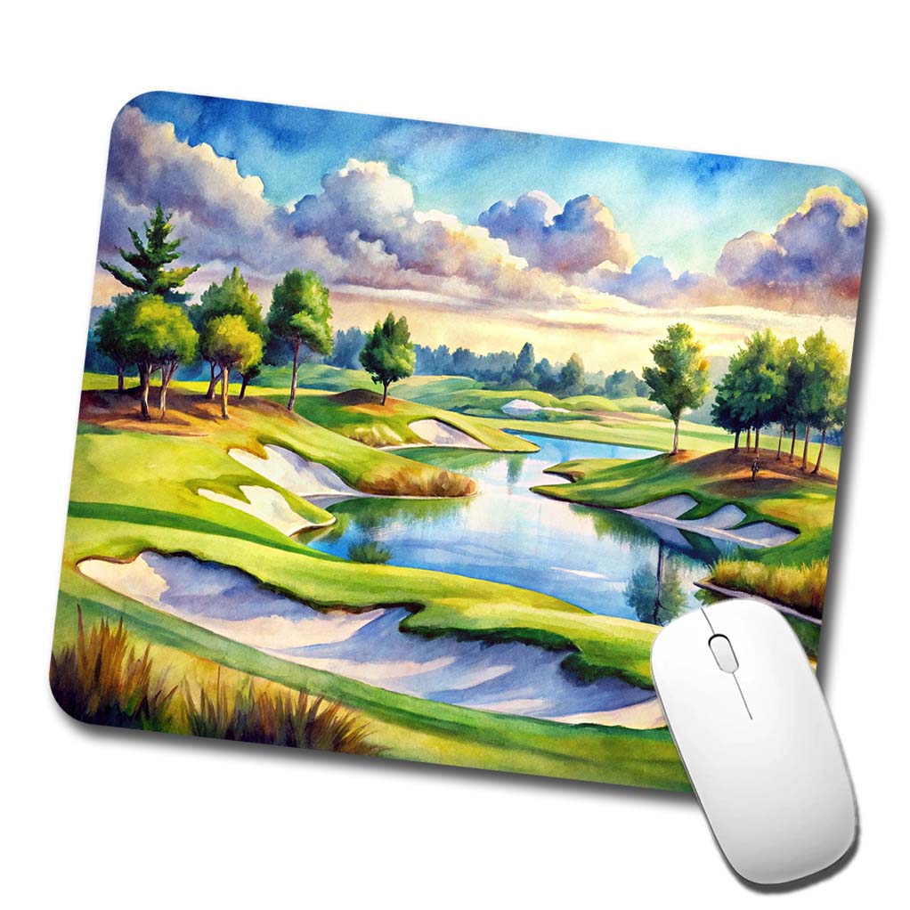 Golf Course With Sand Traps And Lake Watercolor Low Profile Mouse Pad Mat