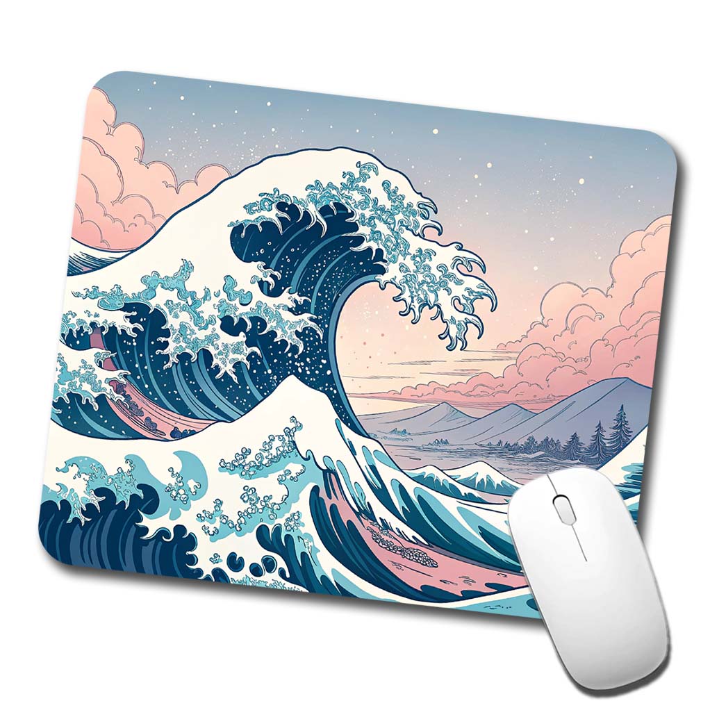 Japanese Blue Pink Ocean Waves Low Profile Mouse Pad Mat
