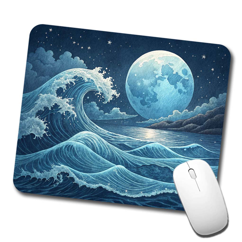 Japanese Ocean Waves Under Large Moon Low Profile Mouse Pad Mat