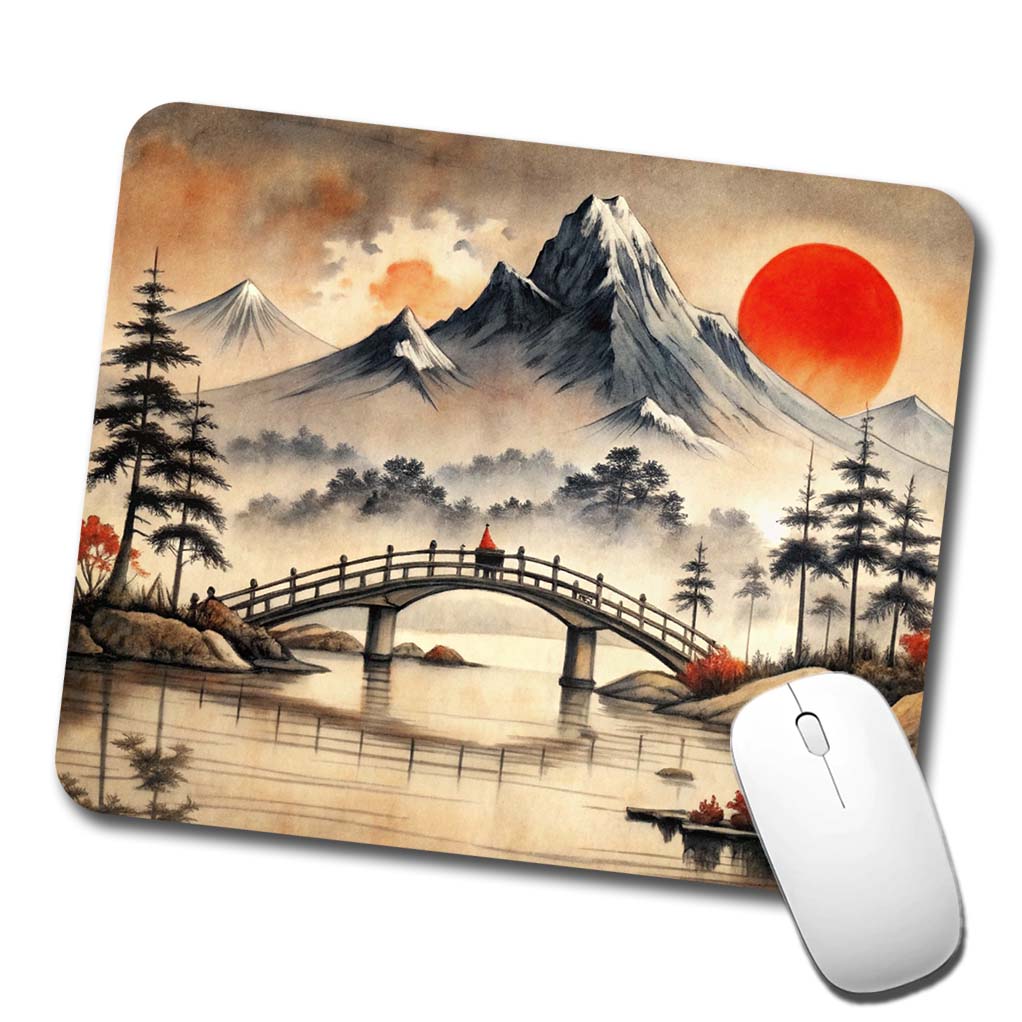 Japanese Style Ink Painting Bridge Over Water Landscape Low Profile Mouse Pad Mat