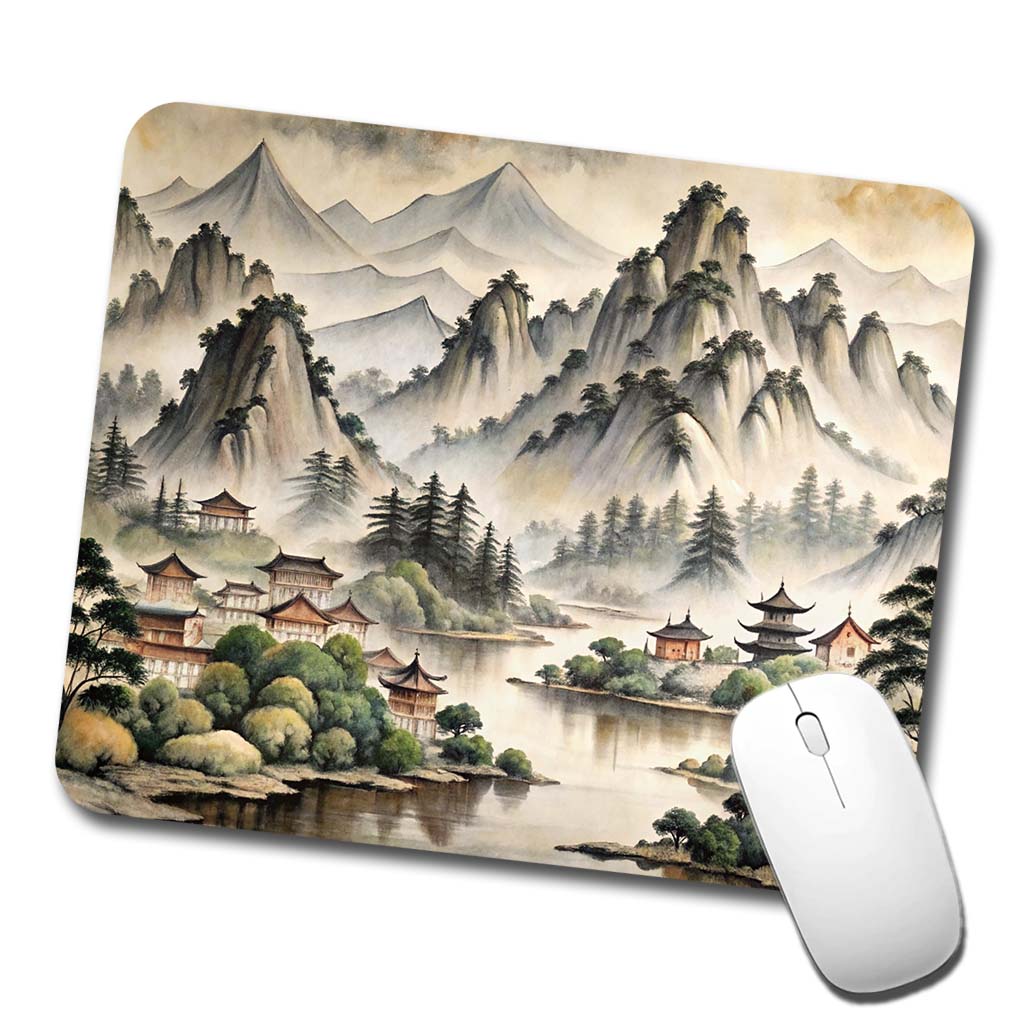 Japanese Style Ink Painting Lake and Mountains Landscape Low Profile Mouse Pad Mat