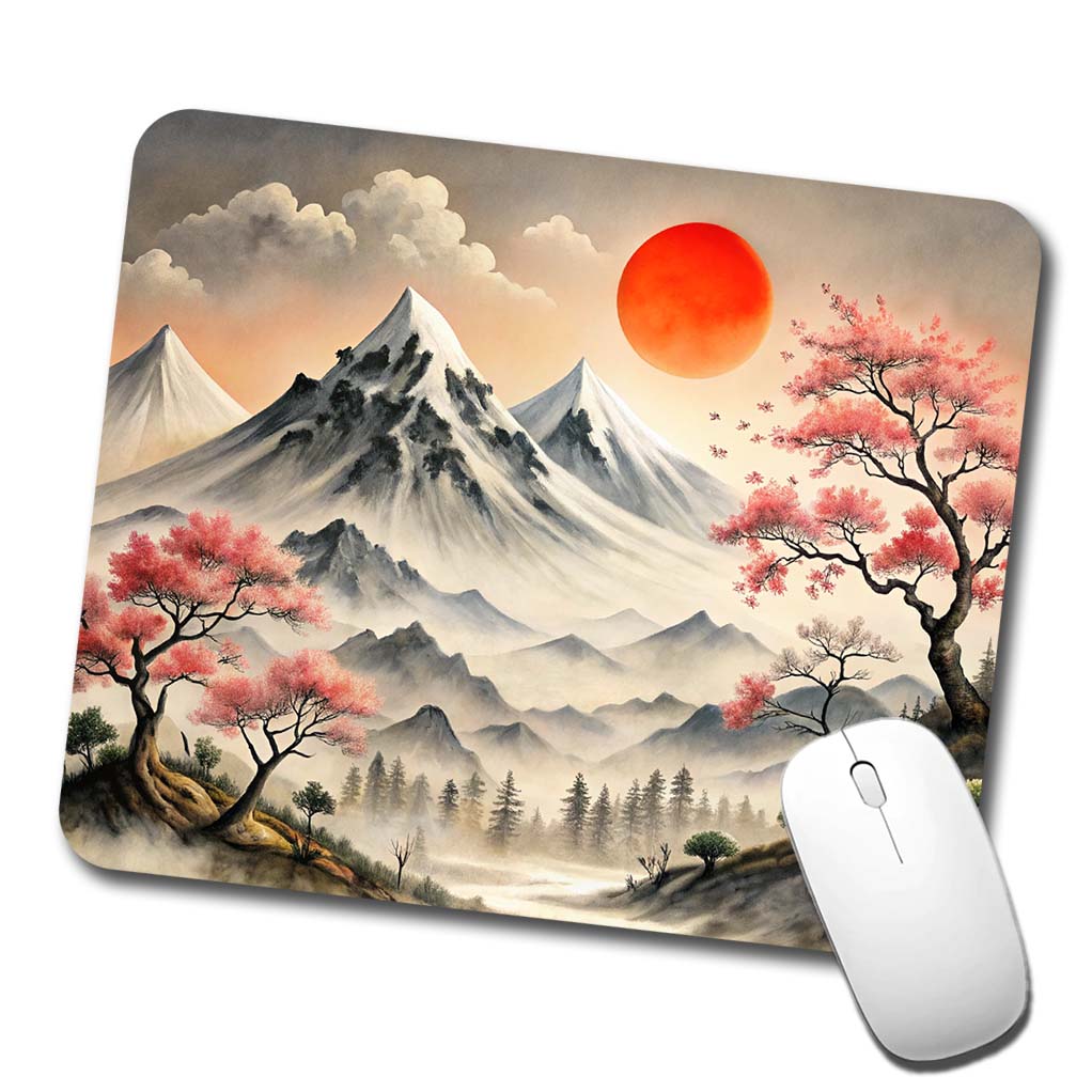 Japanese Style Ink Painting Landscape Mountains Under Red Sun Low Profile Mouse Pad Mat