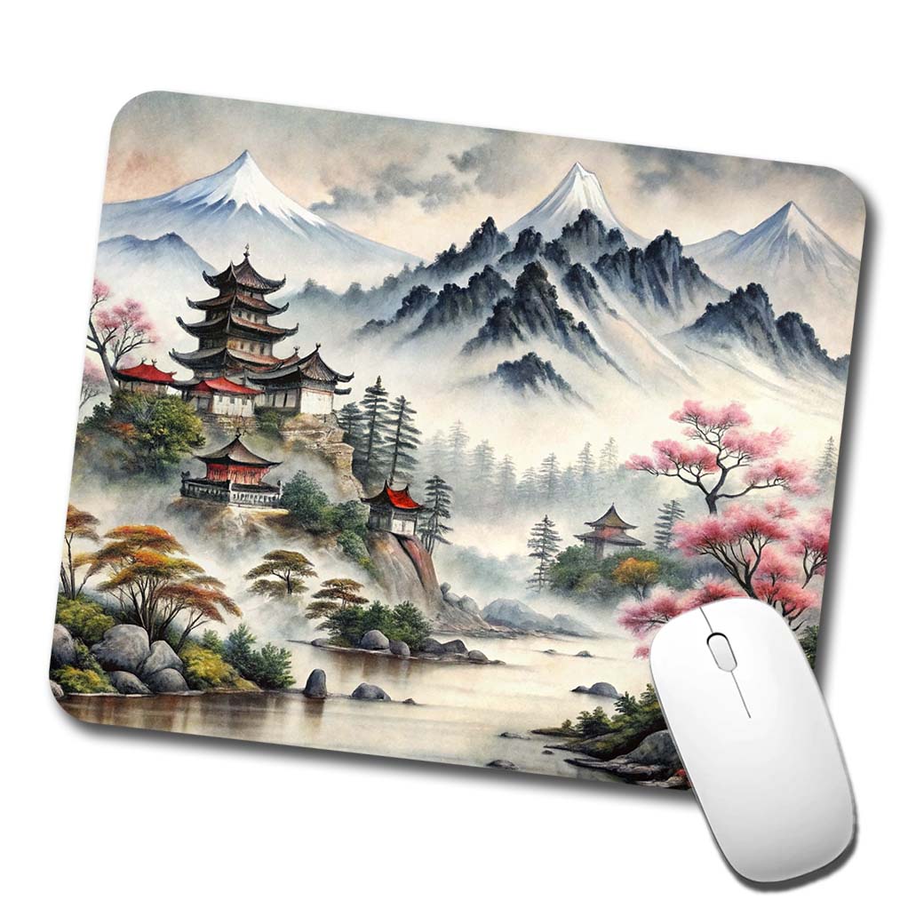 Japanese Style Ink Painting Mountain Landscape Low Profile Mouse Pad Mat