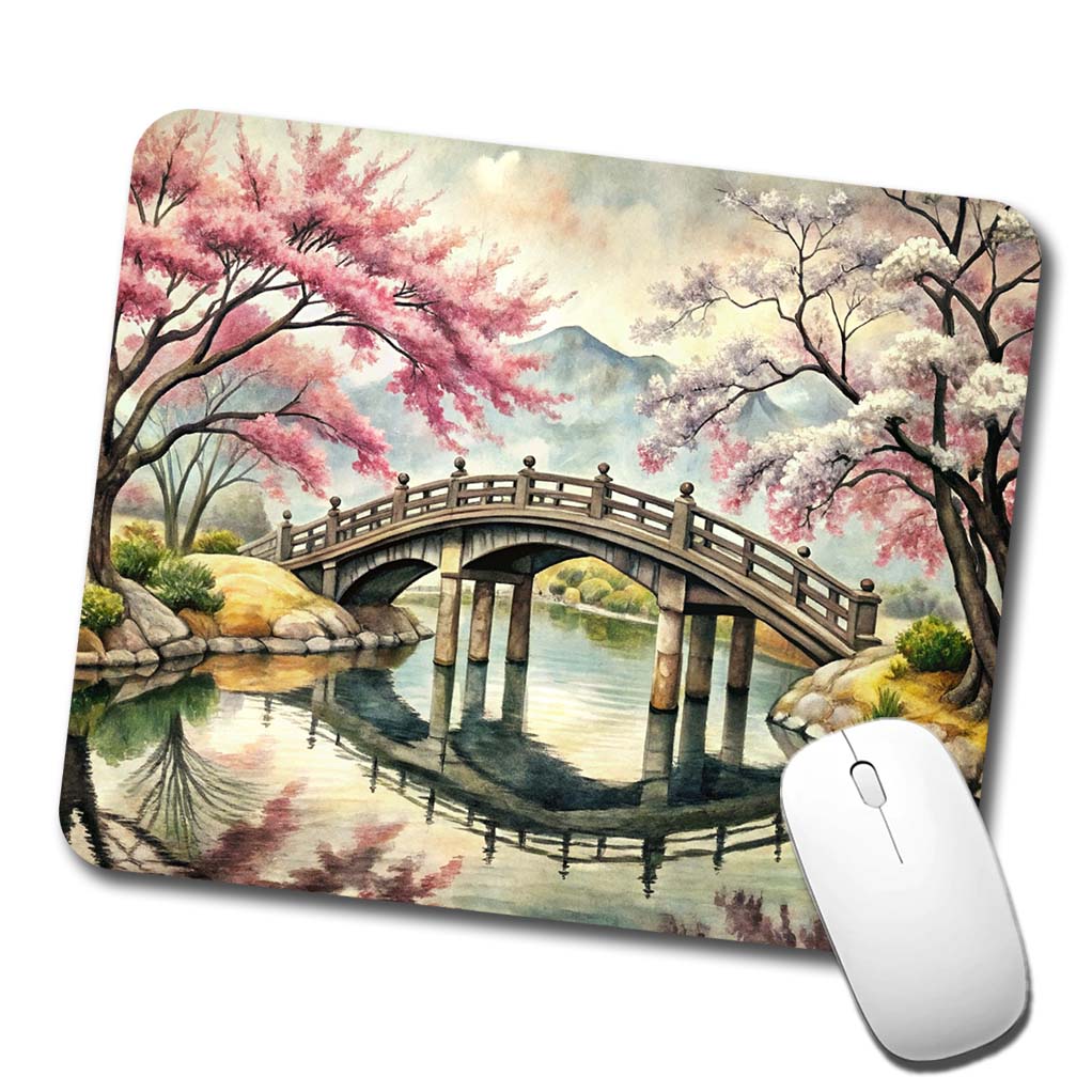 Japanese Style Ink Painting Sakura Trees Bridge Water Landscape Low Profile Mouse Pad Mat