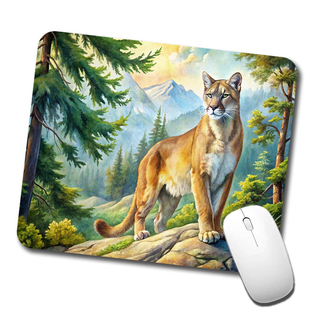 Mountain Lion Cougar In Woods Watercolor Low Profile Mouse Pad Mat