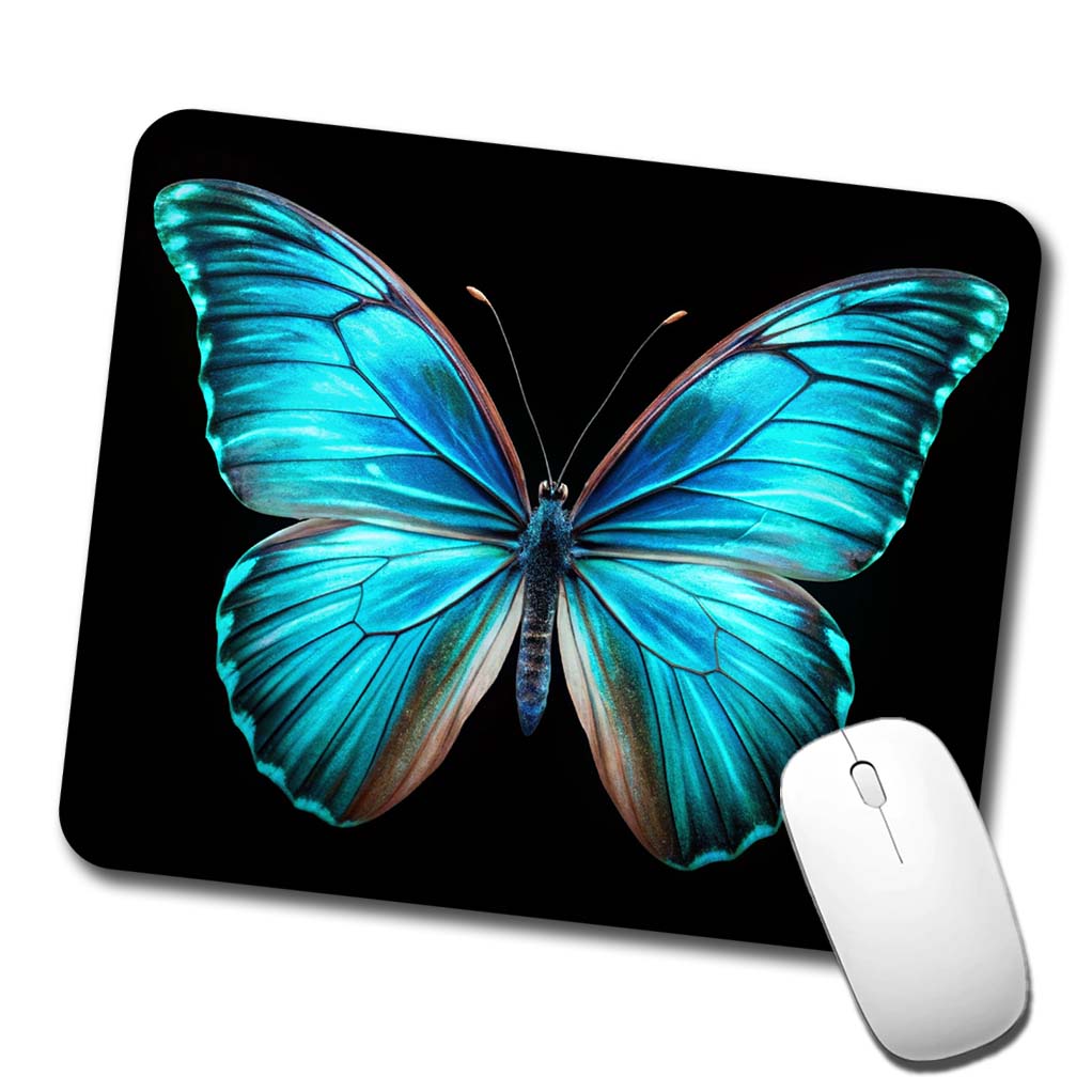 Neon Blue Teal Butterfly Low Profile Mouse Pad Mat